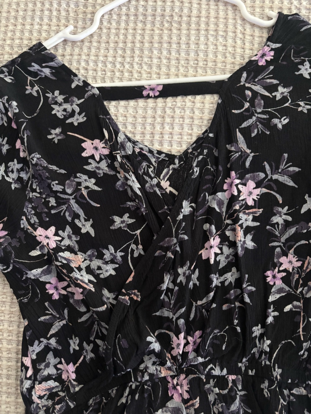 Express Black Floral Wrap Top with Pink and Lavender Blooms